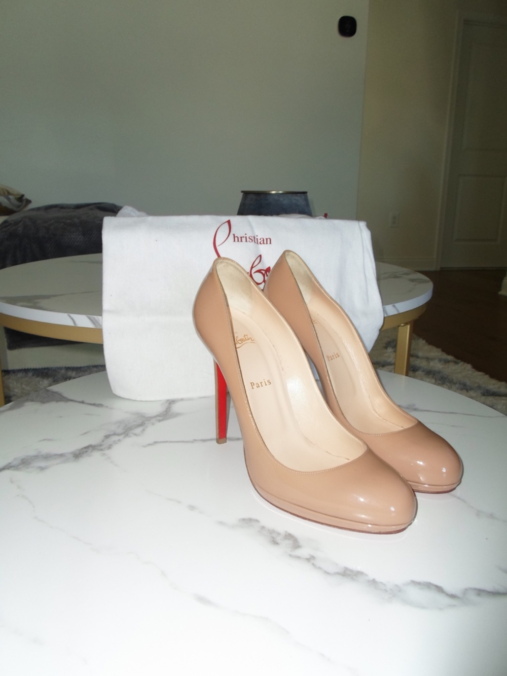 Christian Louboutin Beige Patent Leather Pointed-Toe Pumps with Red Soles